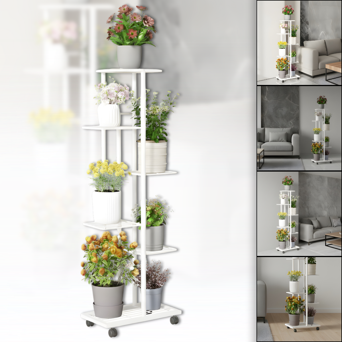 Металева стійка для квітів на 6 рівнів з сітчастими полицями та коліщатками 112х42х22см CVT-6P, фото 1