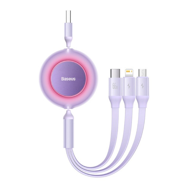 Кабель Baseus Bright Mirror 2 Series Retractable 3-in-1 Fast Charging Data Cable USB to M+L+C 66W 1.1m Purple, фото 1