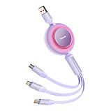 Кабель Baseus Bright Mirror 2 Series Retractable 3-in-1 Fast Charging Data Cable USB to M+L+C 66W 1.1m Purple, фото 3