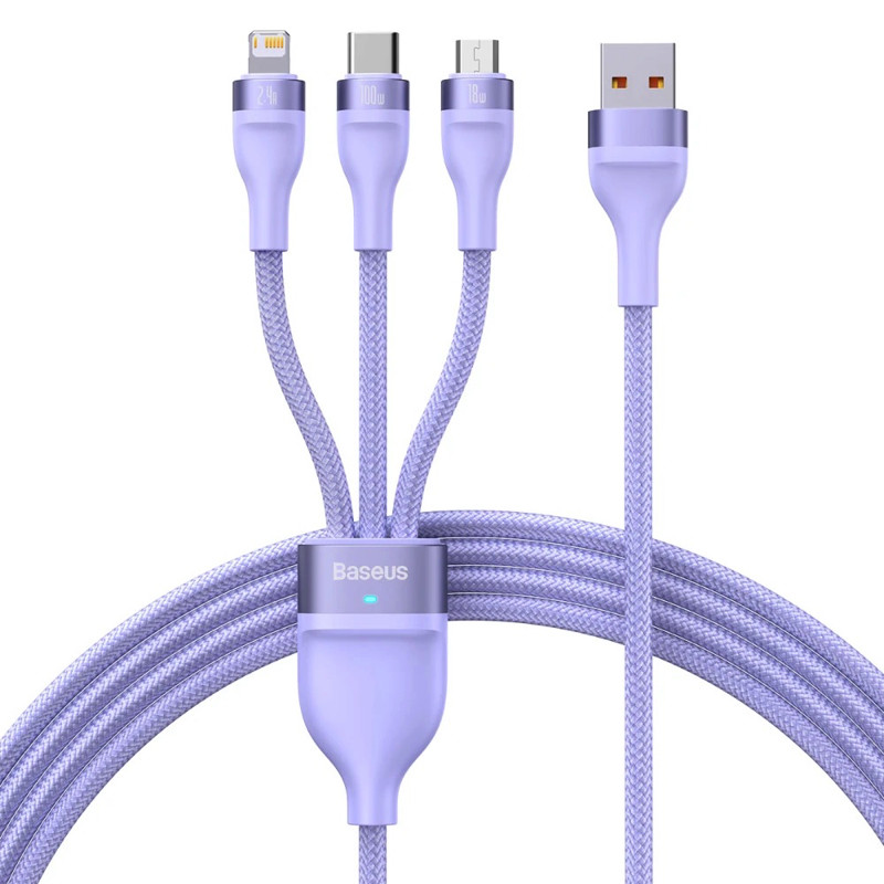 Кабель Baseus Flash Series Ⅱ One-for-three Fast Charging Data Cable USB to M+L+C 100W 1.2m Purple, фото 1