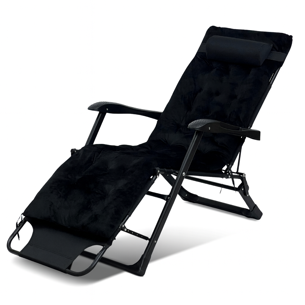 Розкладне крісло шезлонг | Чорний | навантаження до 150 кг | з оксамитовим матрацом і подушкою | LEOBRO LB-FCB-G4-BLK | для дому,