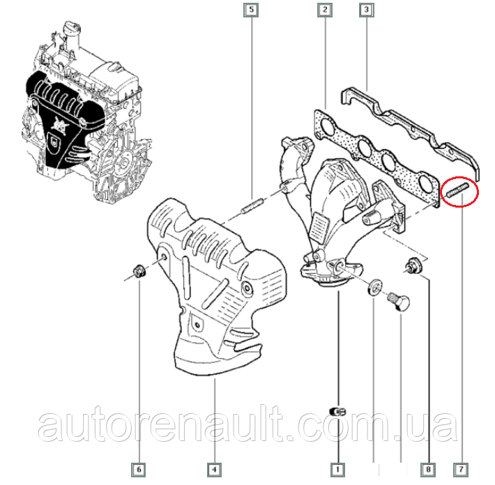 Шпилька выпускного коллектора на Рено Логан + Сандеро 1.4i+1.6i 2004-2012 RENAULT (Оригинал) 7703027479 - фото 3 - id-p493337487