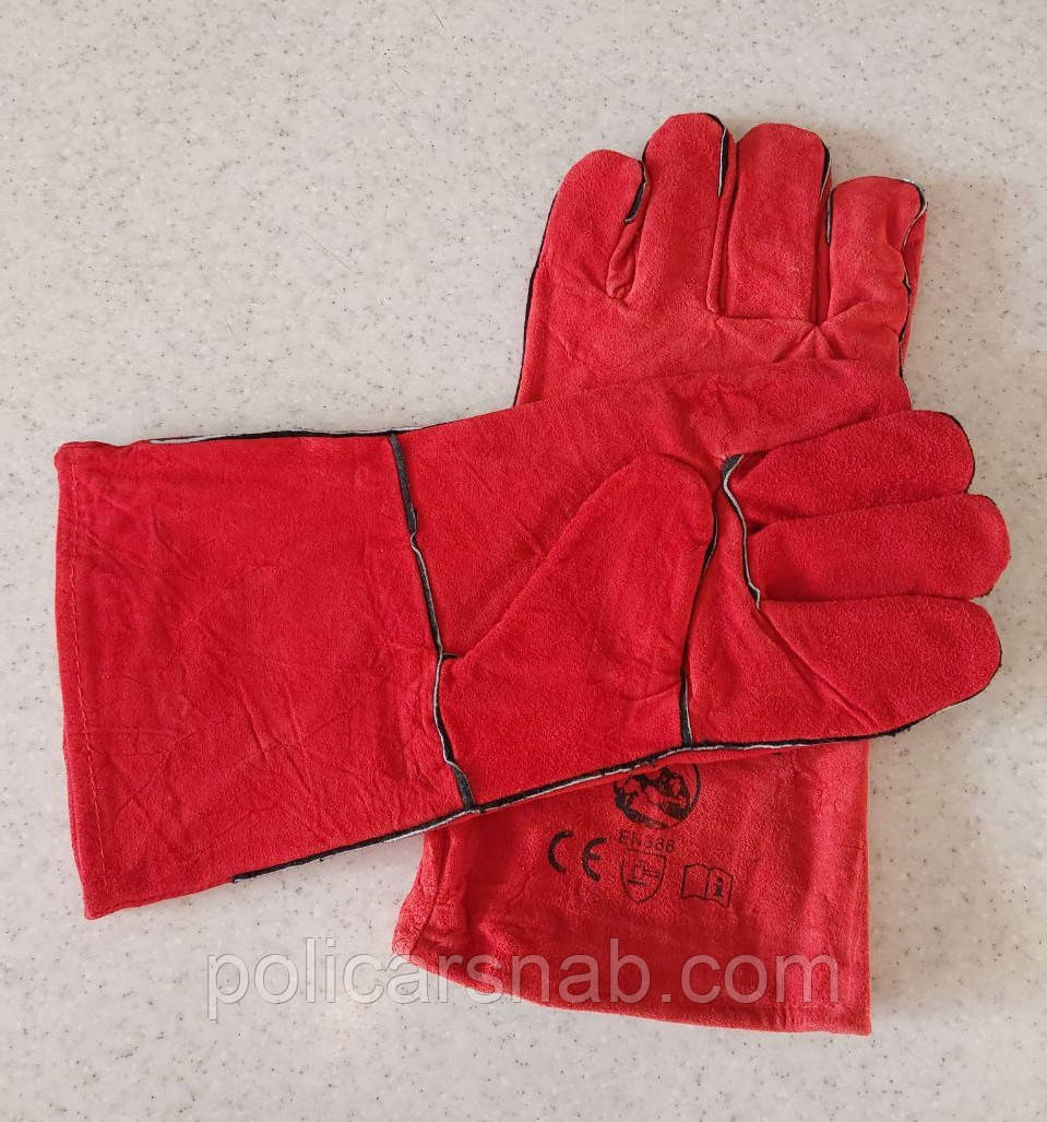 Рукавиці робочі краги зварювальні червоні спилкові з внутрішнім кевларовим покриттям довгі, фото 1