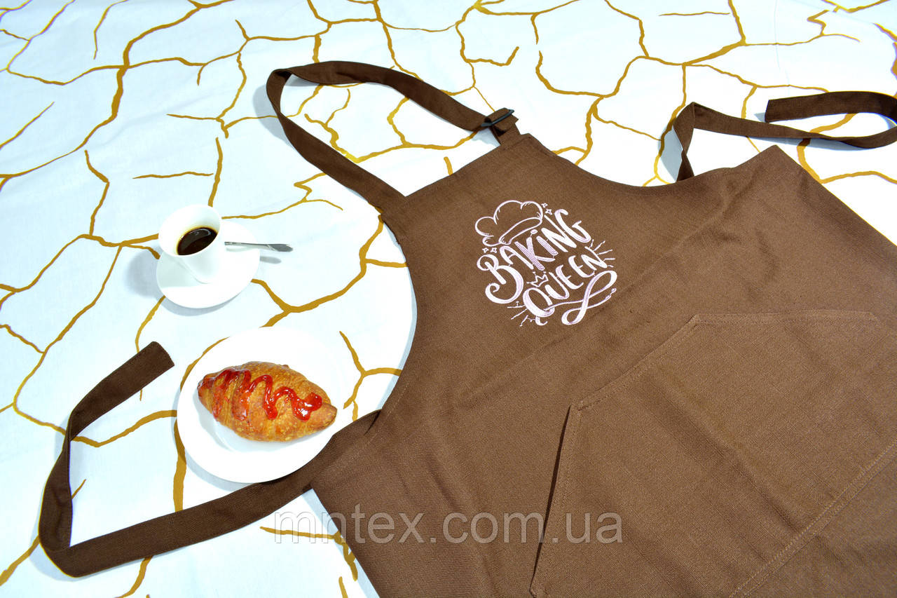 Фартух рогожка з вишивкою Bakіng Qveen, Шоколад/Пудра