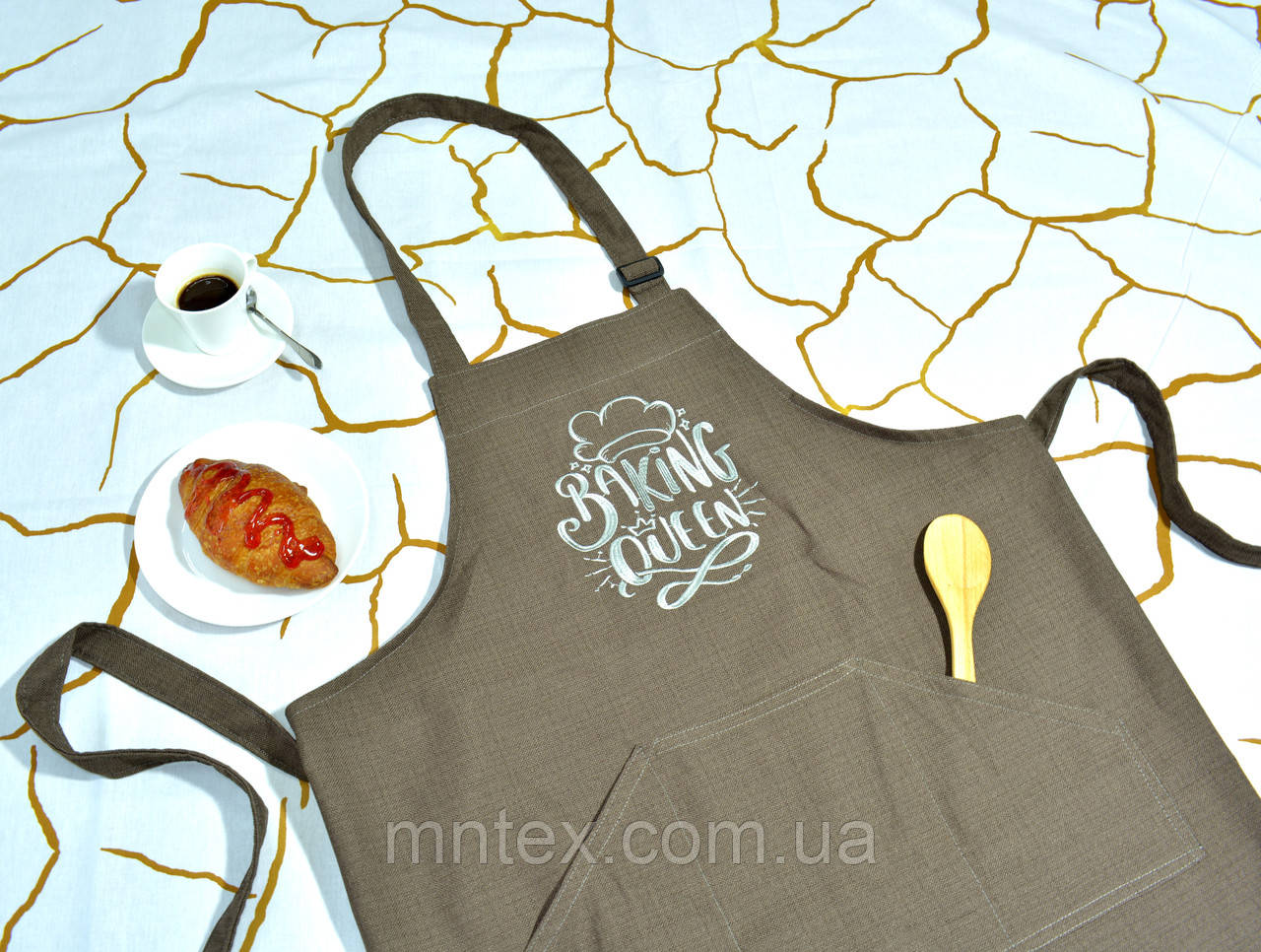 Фартух рогожка з вишивкою Bakіng Qveen, Какао/Срібло