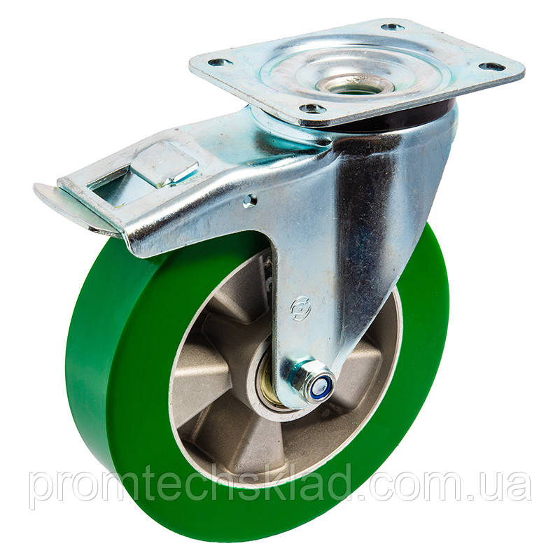 Колесо 200 мм поворотне з гальмом, навантаження 500 кг, алюміній/поліуретан