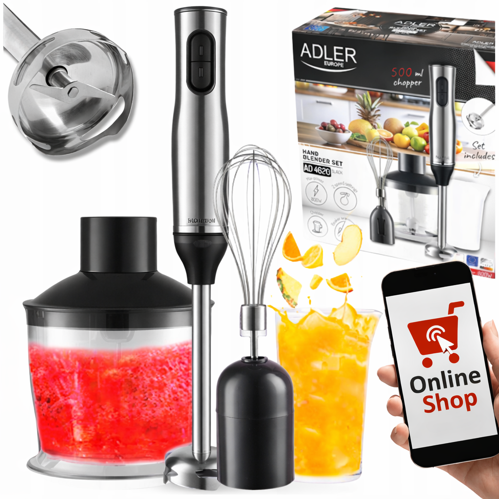 Погружной блендер Adler AD 4620 black  – 800 Вт, 2 швидкості, з насадками: віничок, подрібнювач, фото 1