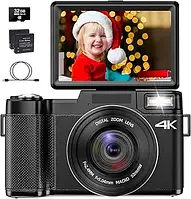 Цифрова камера 4K з відкидним екраном, 48 МП, зум 16X, карта 32 ГБ, для початківців