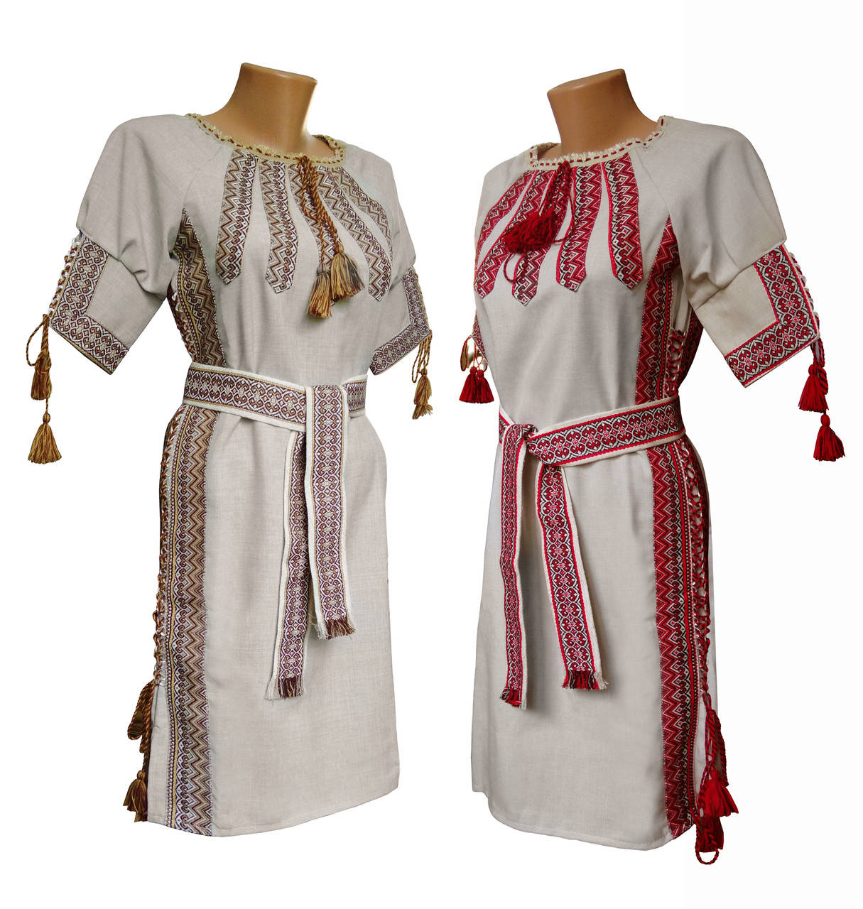 

Льняное вышитое женское платье с поясом и вышивкой на груди