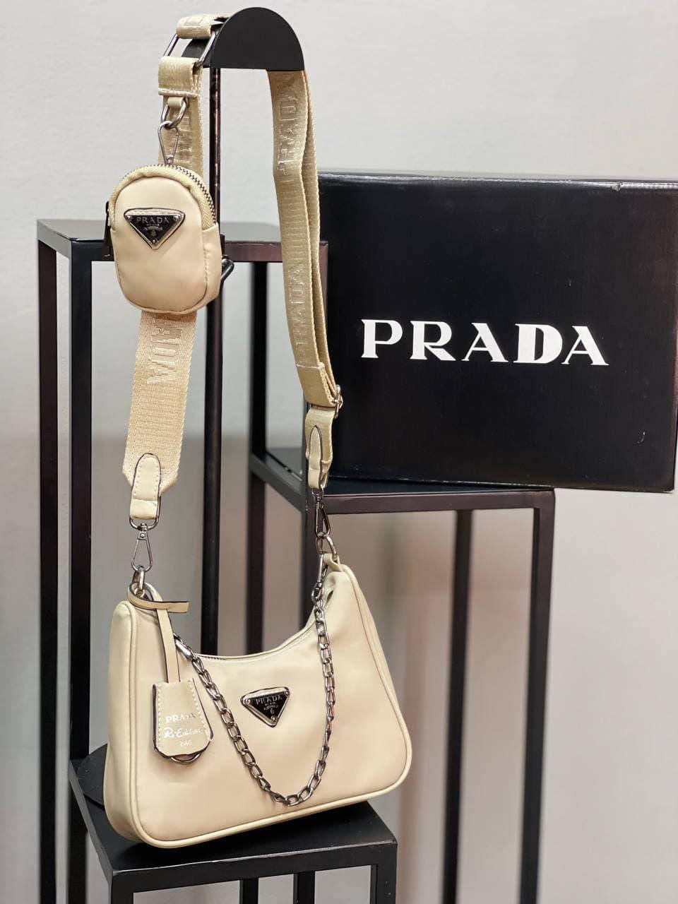 

Сумка нейлоновая женская бежевая 2в1 PRADA Сумка бренд Прада Сумочка Клатч Кросс-боди Люкс качество, Бежевый