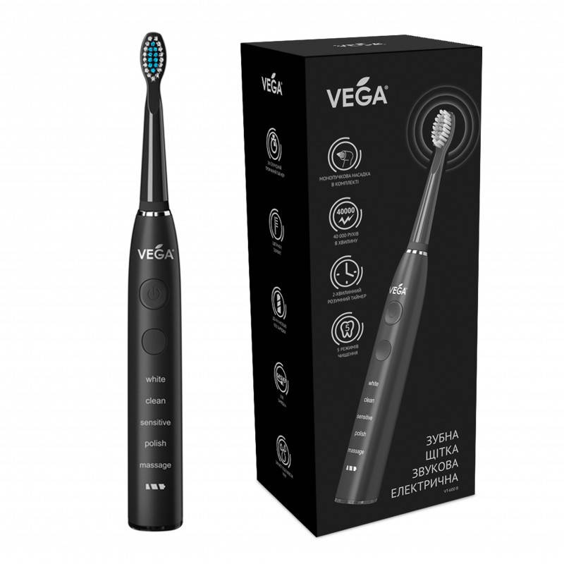 

Электрическая звуковая зубная щётка на 5 режимов чистки Vega VT-600 В (чёрная)