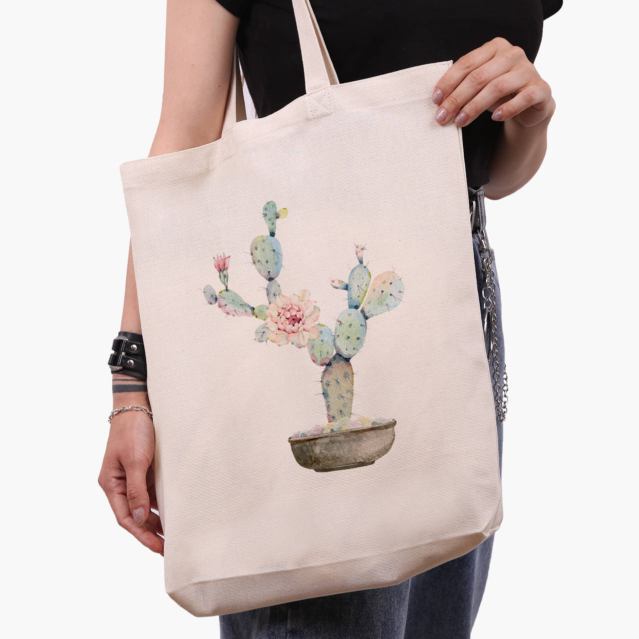 

Эко сумка Кактус (Cactus) (9227-1773-WTD) бежевая з широким дном, Бежевый