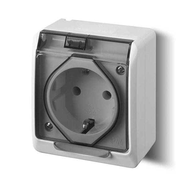 

Розетка с крышкой Elektro-Plast Hermes IP44 c з/к 16А белая с дымчатой крышкой (0324-01)