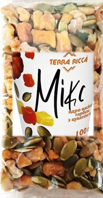 

МІКС ядро насіння гарбуза з цукатом гарбуза ТМ TERRA RICCA 100г ПЕТ-пакет
