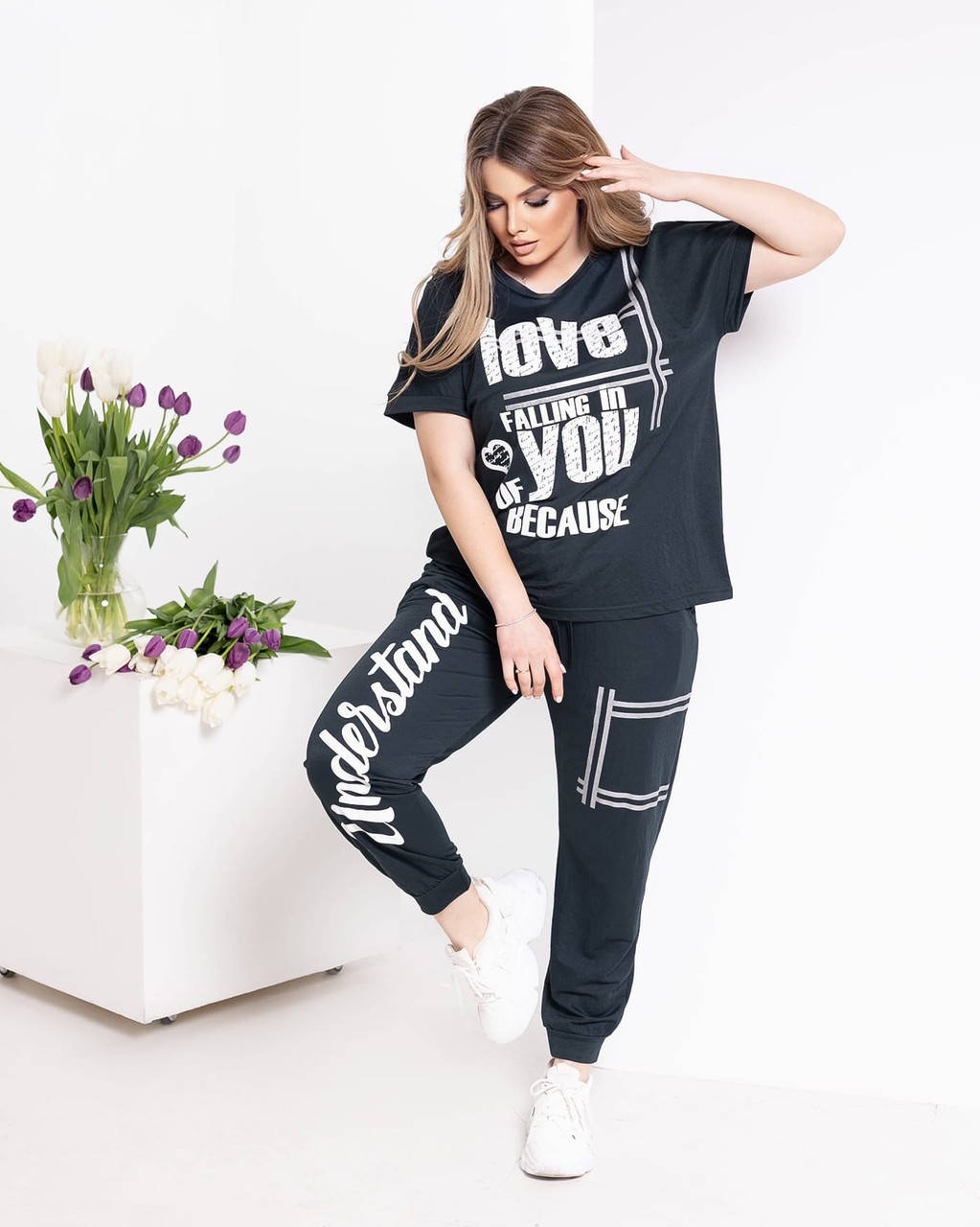 

Женский спортивный костюм кофта футболка короткий рукав+штаны ткань лен размер: 46-48,50-52,54-56,58-60, Разные цвета