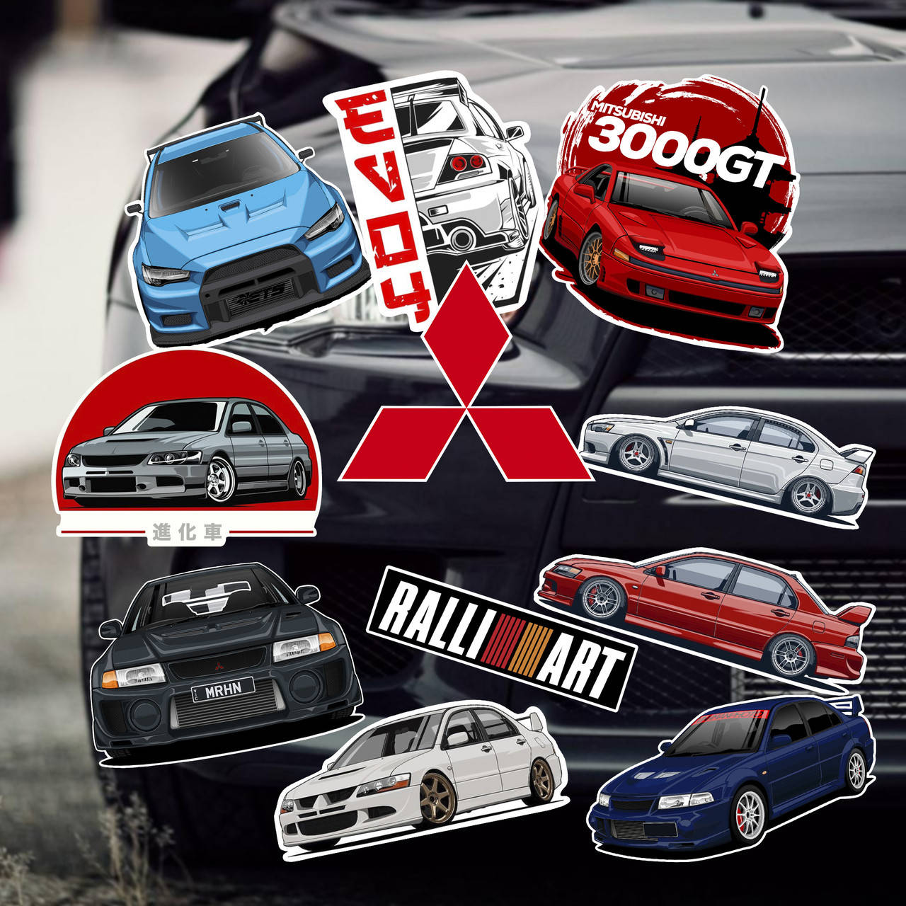 

Набір стікерів Mitsubishi 11шт №1. Вологостійкі наклейки на авто/мото/ноутбук