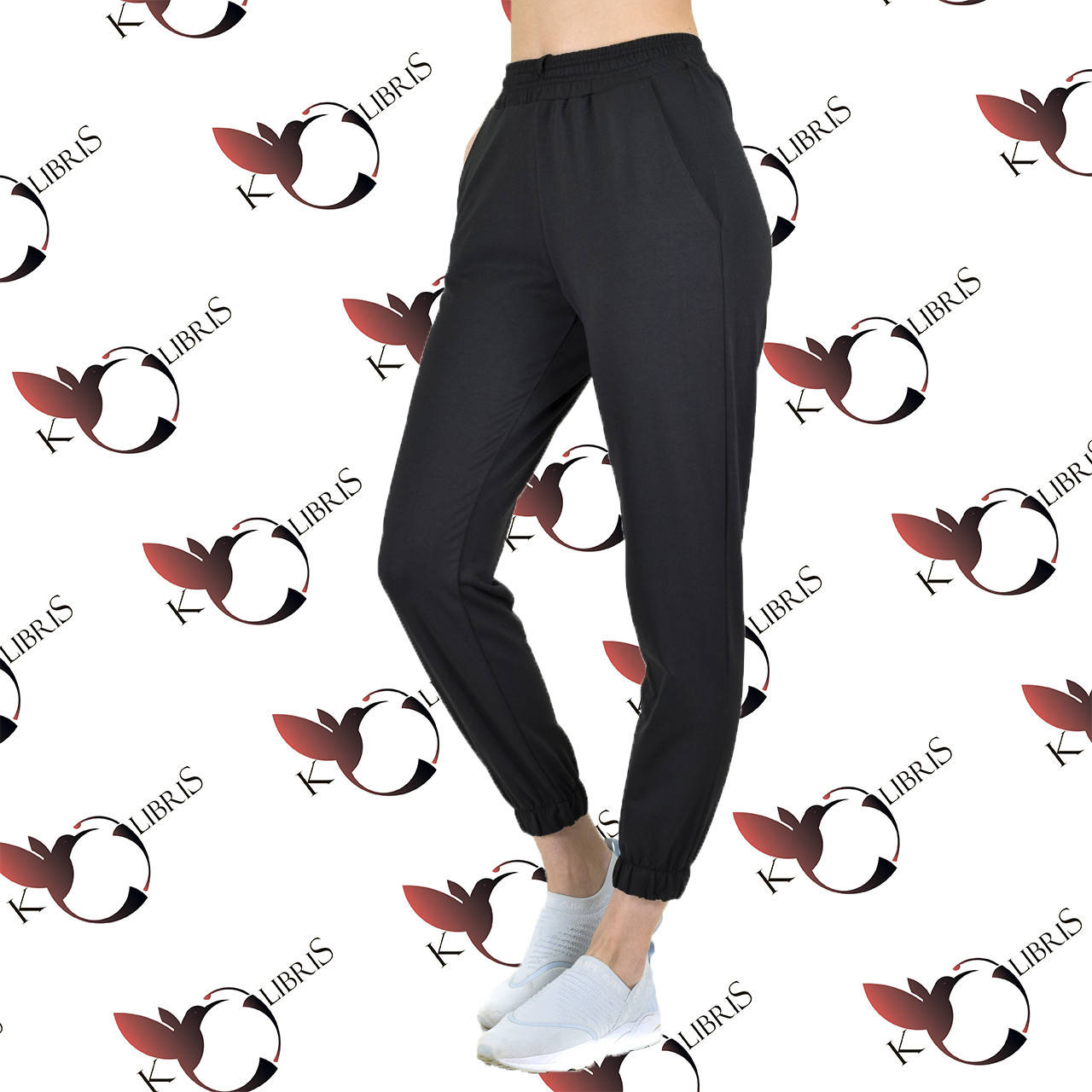 

Джоггеры штаны укороченные женские черная двунитка с манжетом на резинке, Черный