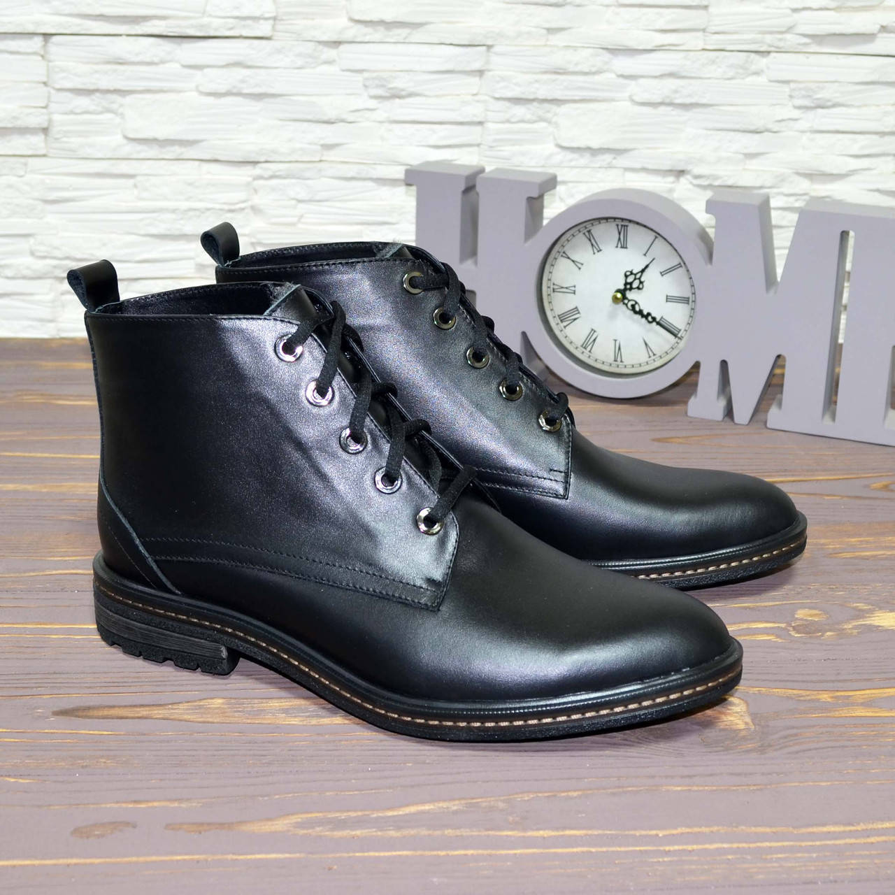 

Ботинки мужские на шнурках, натуральная кожа черного цвета, Черный