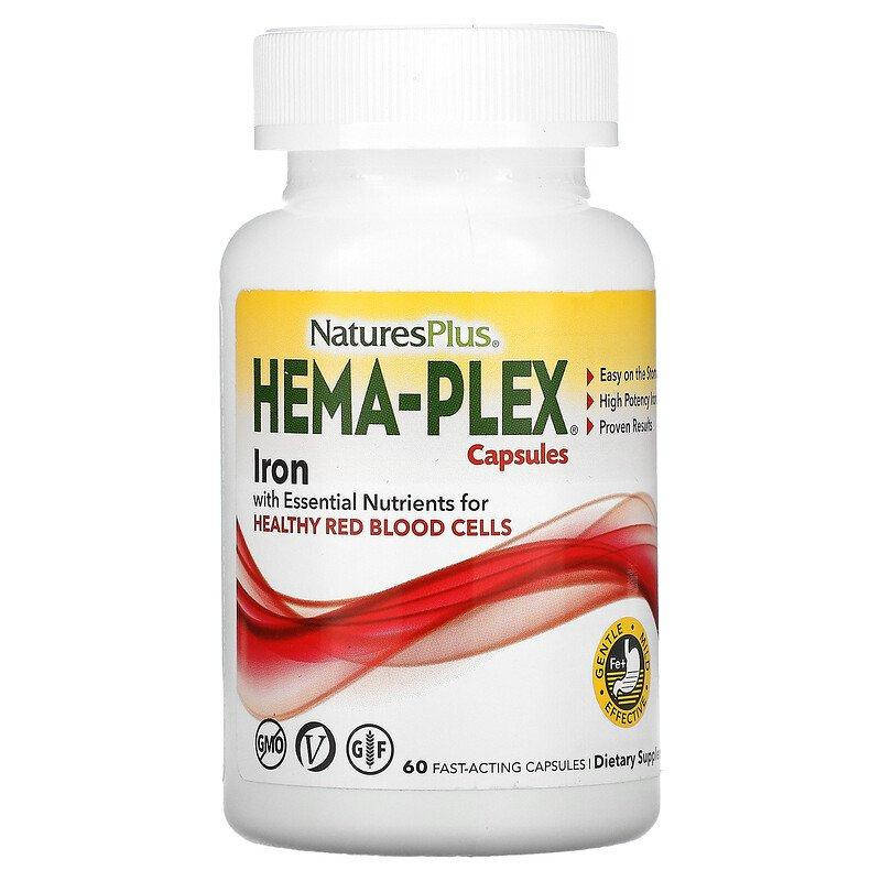 

NaturesPlus Hema-Plex комплекс с железом. 60 вегетарианских капсул быстрого действия