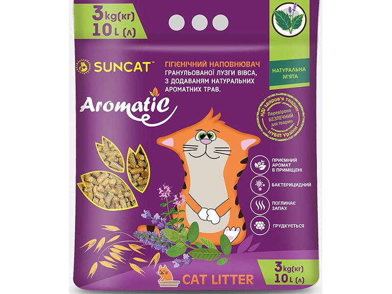 

SUNCAT Aromatic Гранулированный овсяный наполнитель для кошачьего туалета, с ароматом мяты 3 кг