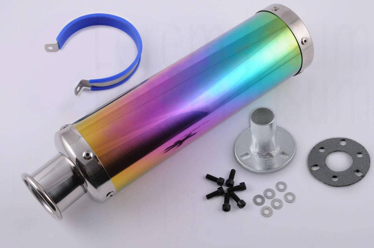 

Прямоток на мотоцикл 300*90mm, креп. Ø48mm (нержавейка, радуга, прямоток, mod:8)