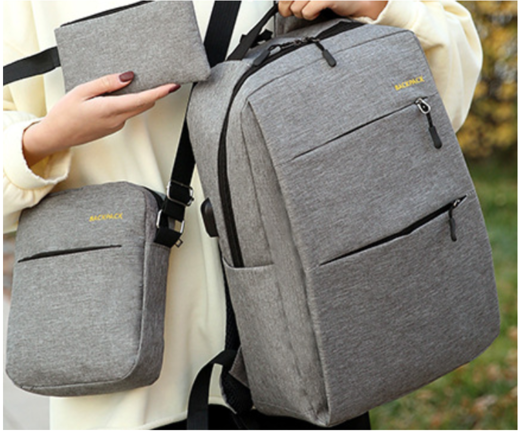 

Городской рюкзак 3в1 комплект серый ранец и сумочки водонепроницаемая ткань нейлон унисекс