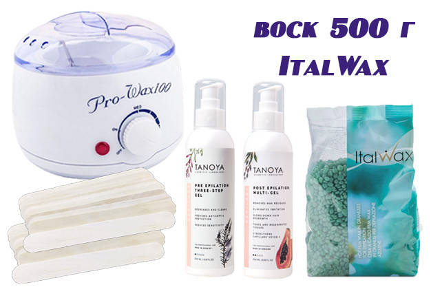 

Набор для восковой депиляции пленочным воском ItalWax 500 г с гелем Tanoya 200 мл с воскоплавом Pro-Wax CPC