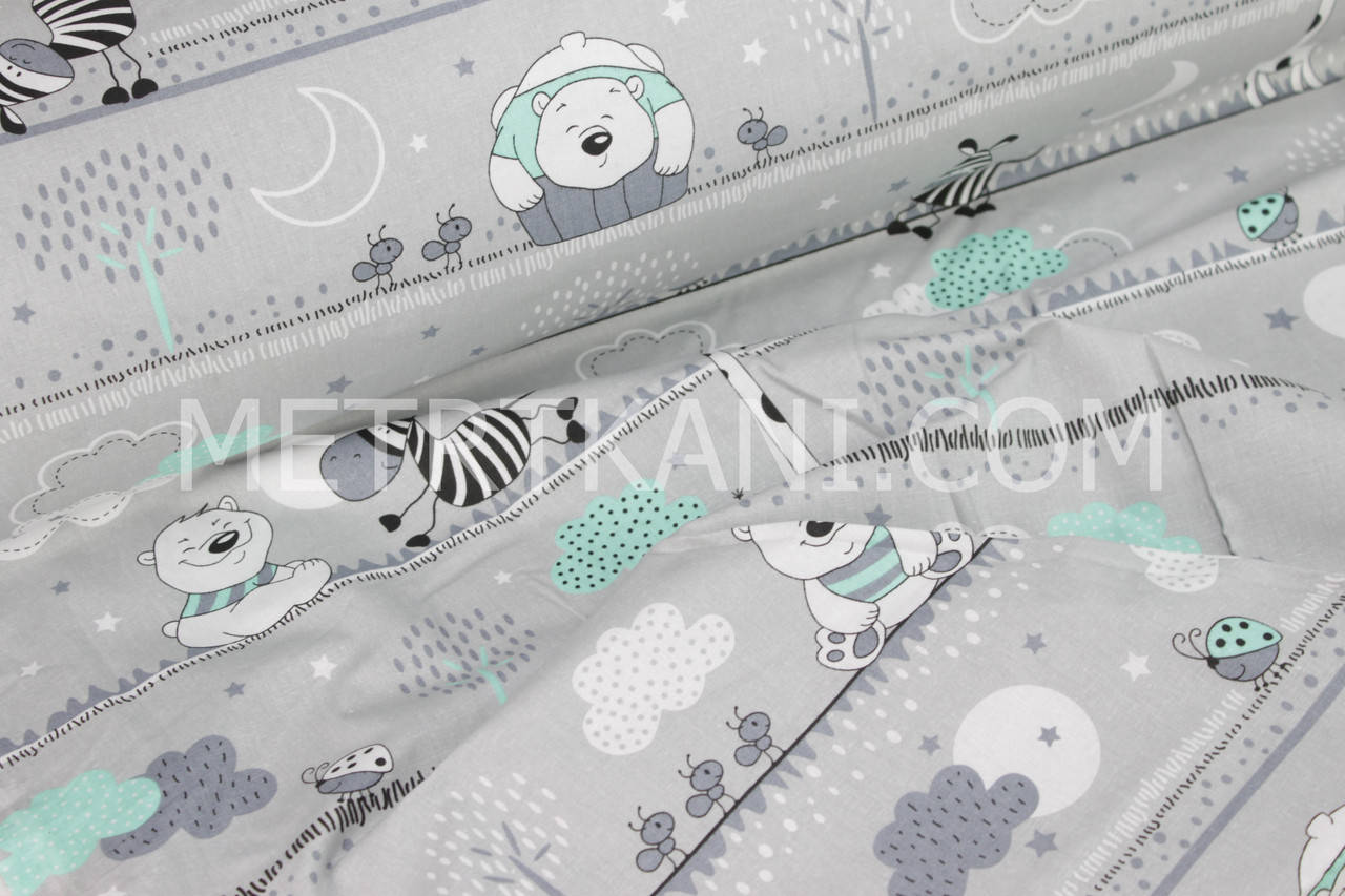 

Ткань бязь со зверятами в мятных облаках на сером №731