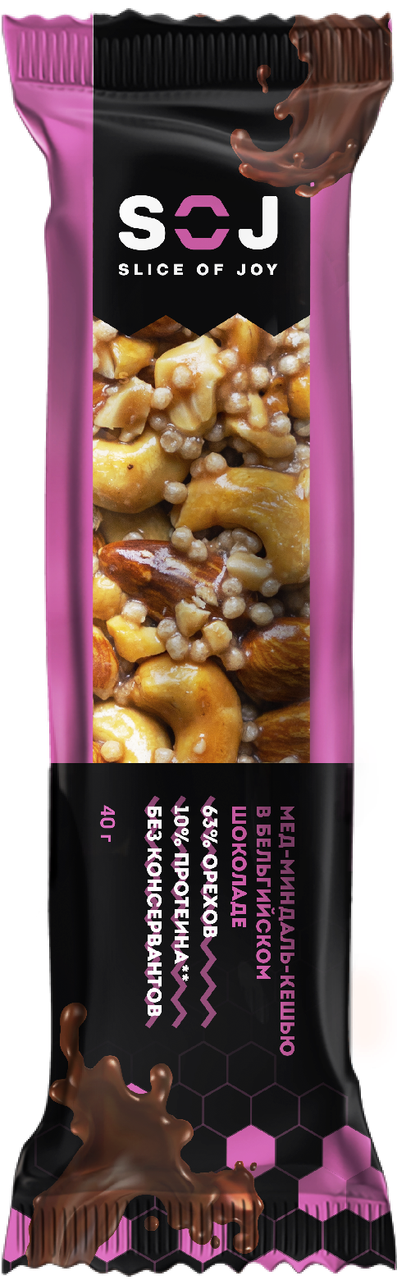 

Ореховый батончик SOJ Мёд-Миндаль-Кешью в Бельгийском Шоколаде (40 грамм)