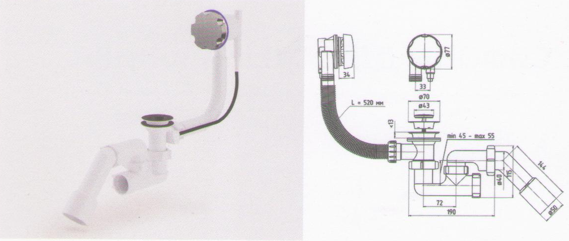 

Сифон для ванны полуавтомат с ревизией, Белый