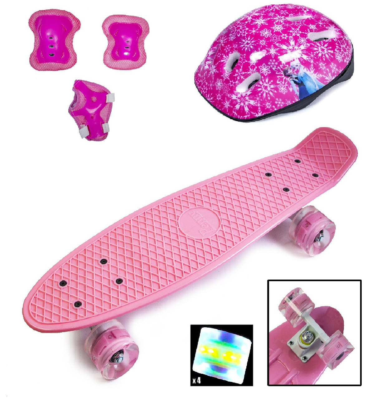 

КОМПЛЕКТ СкейтБорд Penny Board. Pink+защита+шлем. Светящиеся колеса!, Розовый