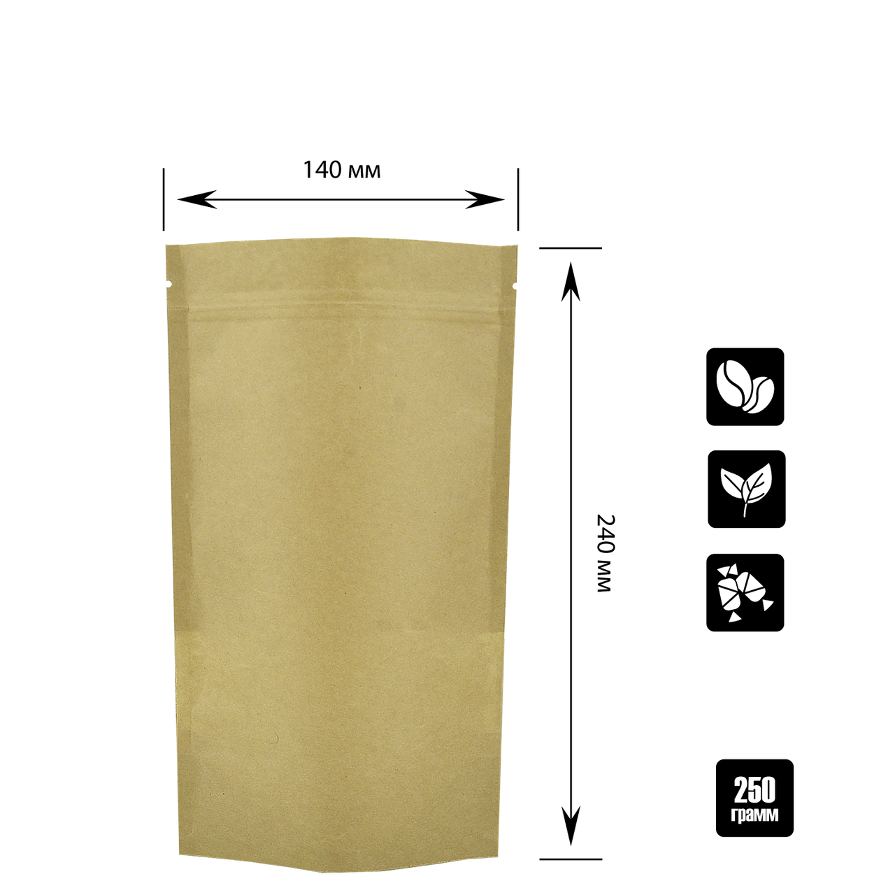

Упаковка дой-пак для кофе/чая 250 г крафт+РЕ/zip-замок 140х240х40 мм, Коричневый