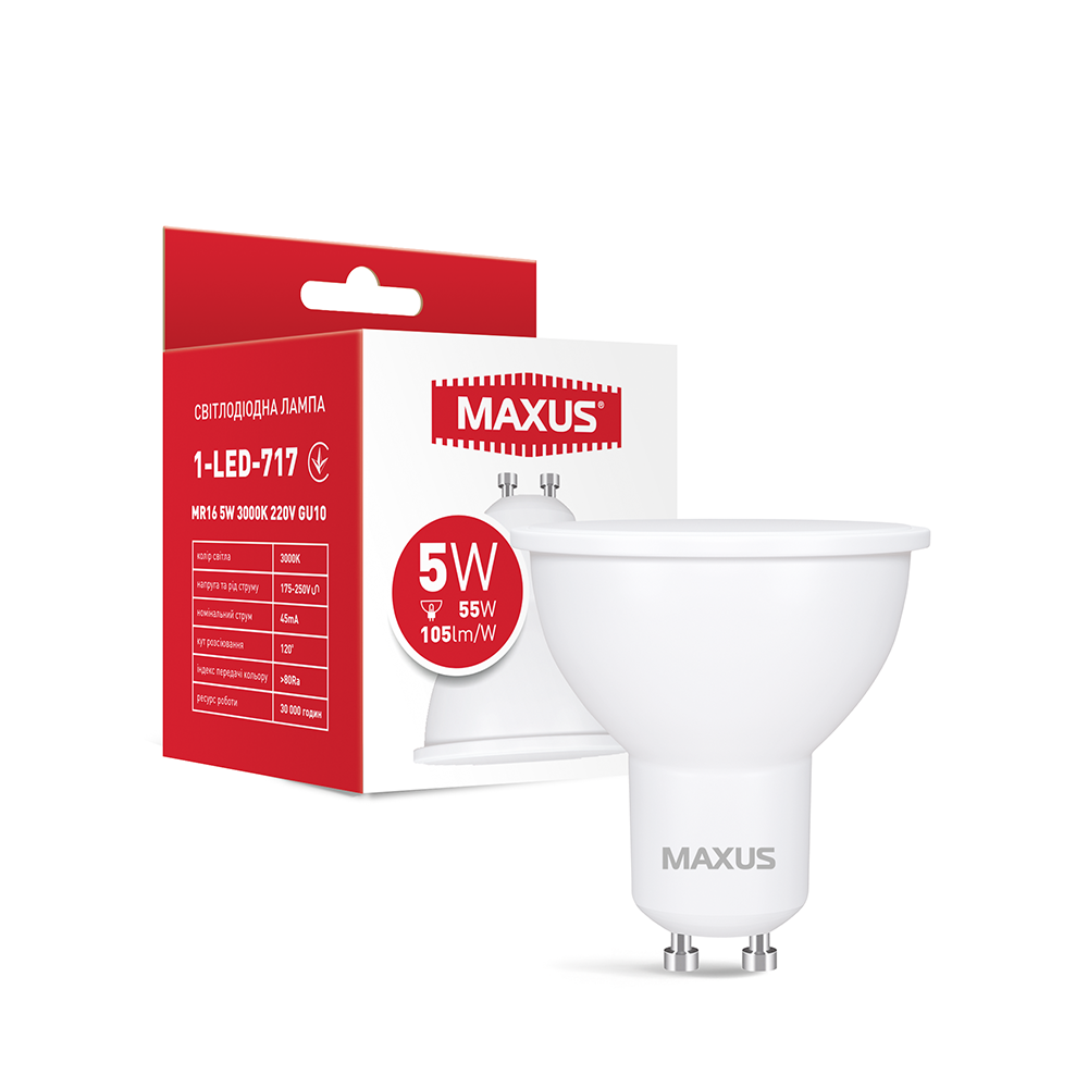 

Лампа светодиодная MAXUS 1-LED-717 MR16 5W 3000K 220V GU10