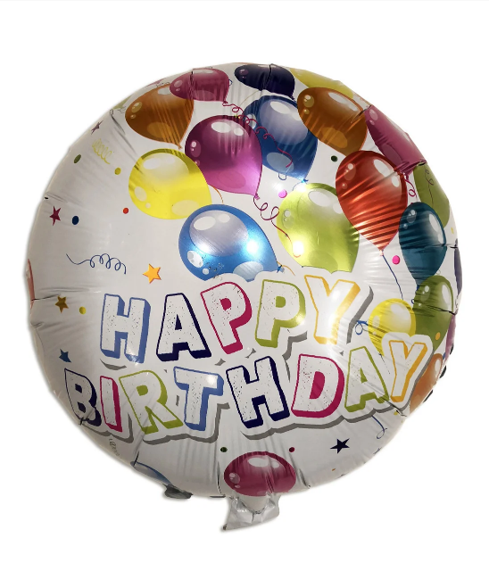 

Фольгированный круглый шар "Happy Birthday белый с шариками" (Китай), Разные цвета