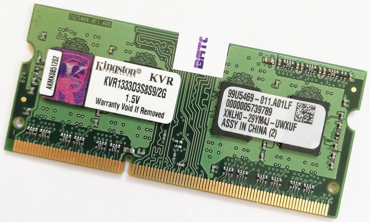

Оперативная память для ноутбука Kingston SODIMM DDR3 2Gb 1333MHz PC3 10600S 1R8 CL9 MIX Б/У