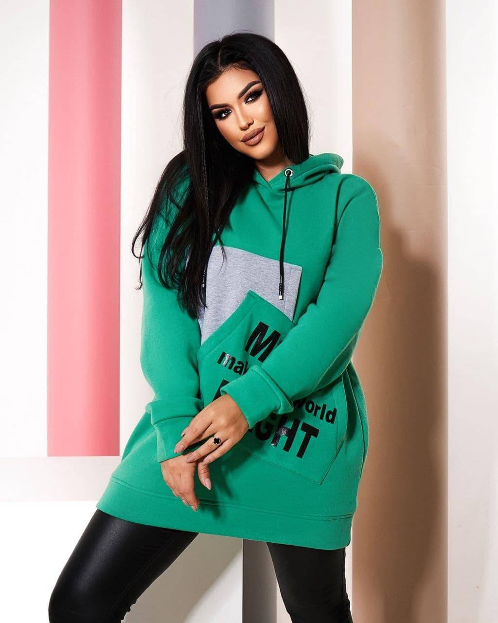 

Женское удлинённое теплое худи на флисе с надписью, батал