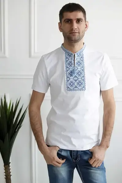 

Мужская футболка белая синяя вышивка хлопок (S по 3XL) XXL