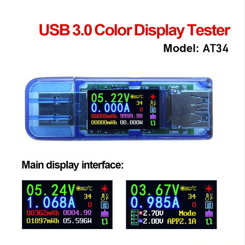 

USB-тестер для измерения ёмкости,тока,времени 4-30V 4A (AT34) USB 3.0