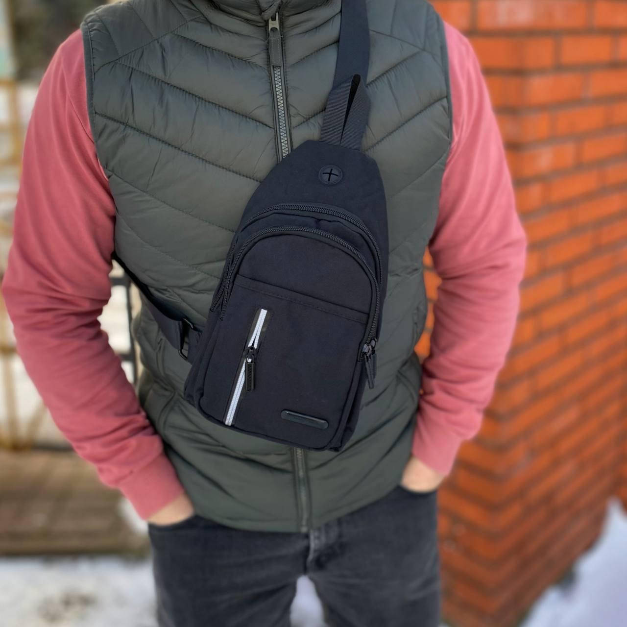 

Нагрудная мужская сумка бананка слинг повседневная тканевая черного цвета, Черный