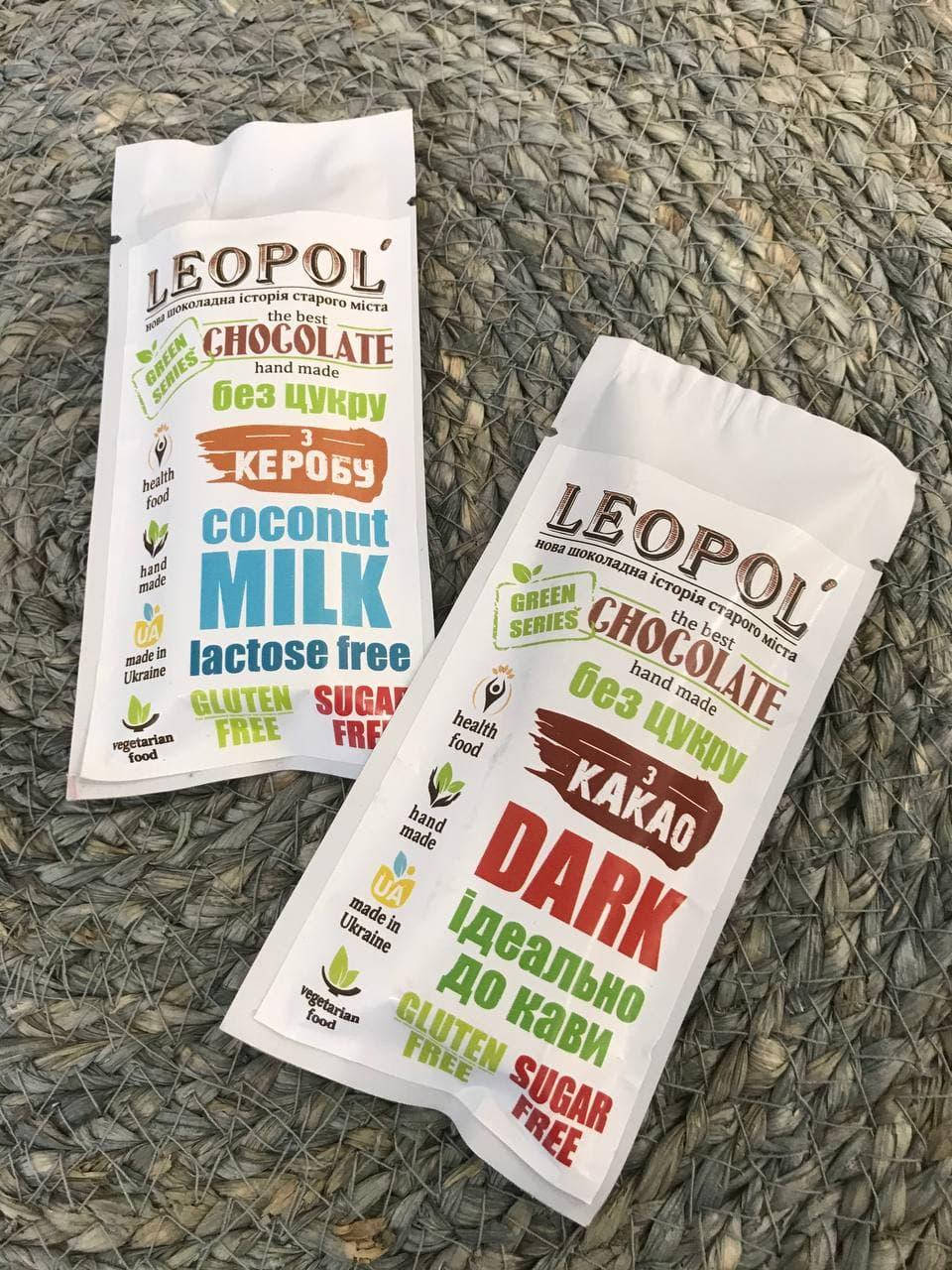 

Шоколад міні з какао "чорний"/з керобу "молочний" Leopol БЕЗ ЦУКРУ 25 г