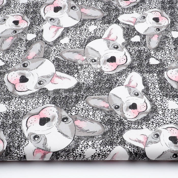 

Бязь польская "Мордашки мопсов" на узорчатом фоне, №3998, Серый