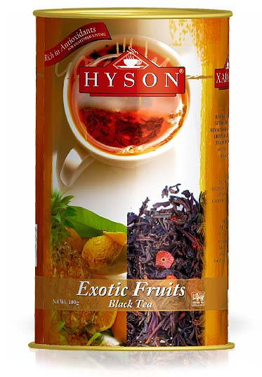 

Чай чёрный крупнолистовой Hyson Exotic Fruits со вкусом экзотических фруктов и кусочками клубники 100 г ж/б
