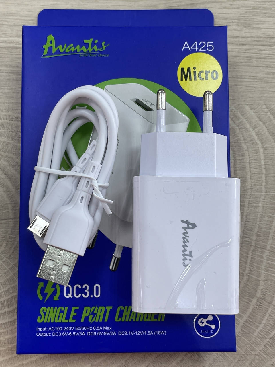 

Набор 2 в 1 Avantis A425 QC 3.0A 18W Micro USB White, Белый