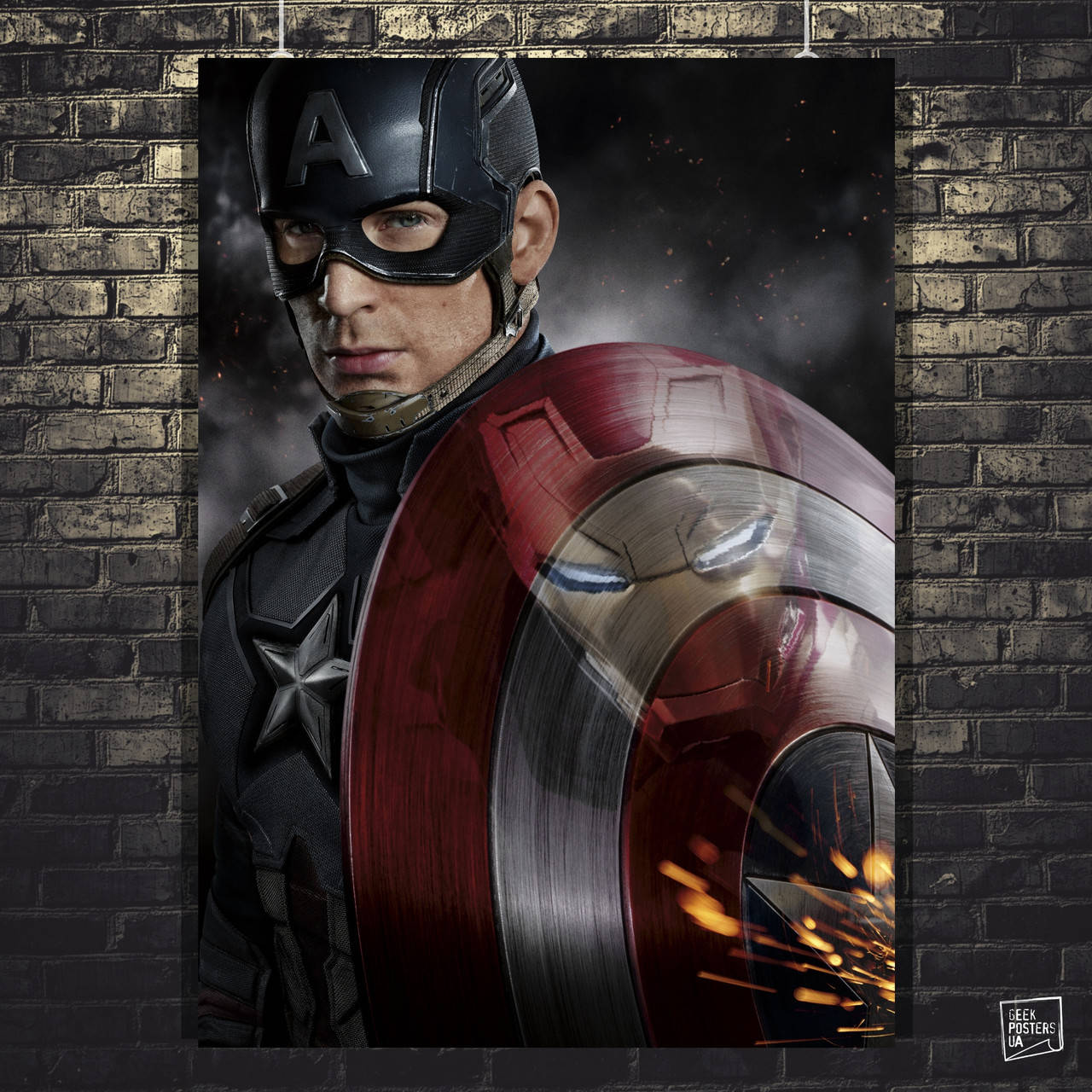 

Постер Captain America, Капитан Америка и Iron Man в отражении на щите. Размер 42x30см (A3). Матовая бумага