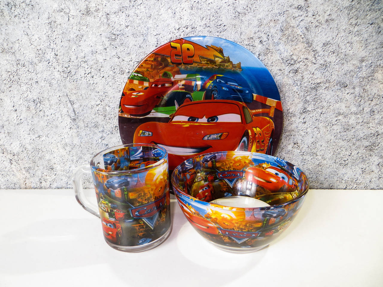 

Набор детской стеклянной посуды 3 предмета. Оптом. Тачки 2