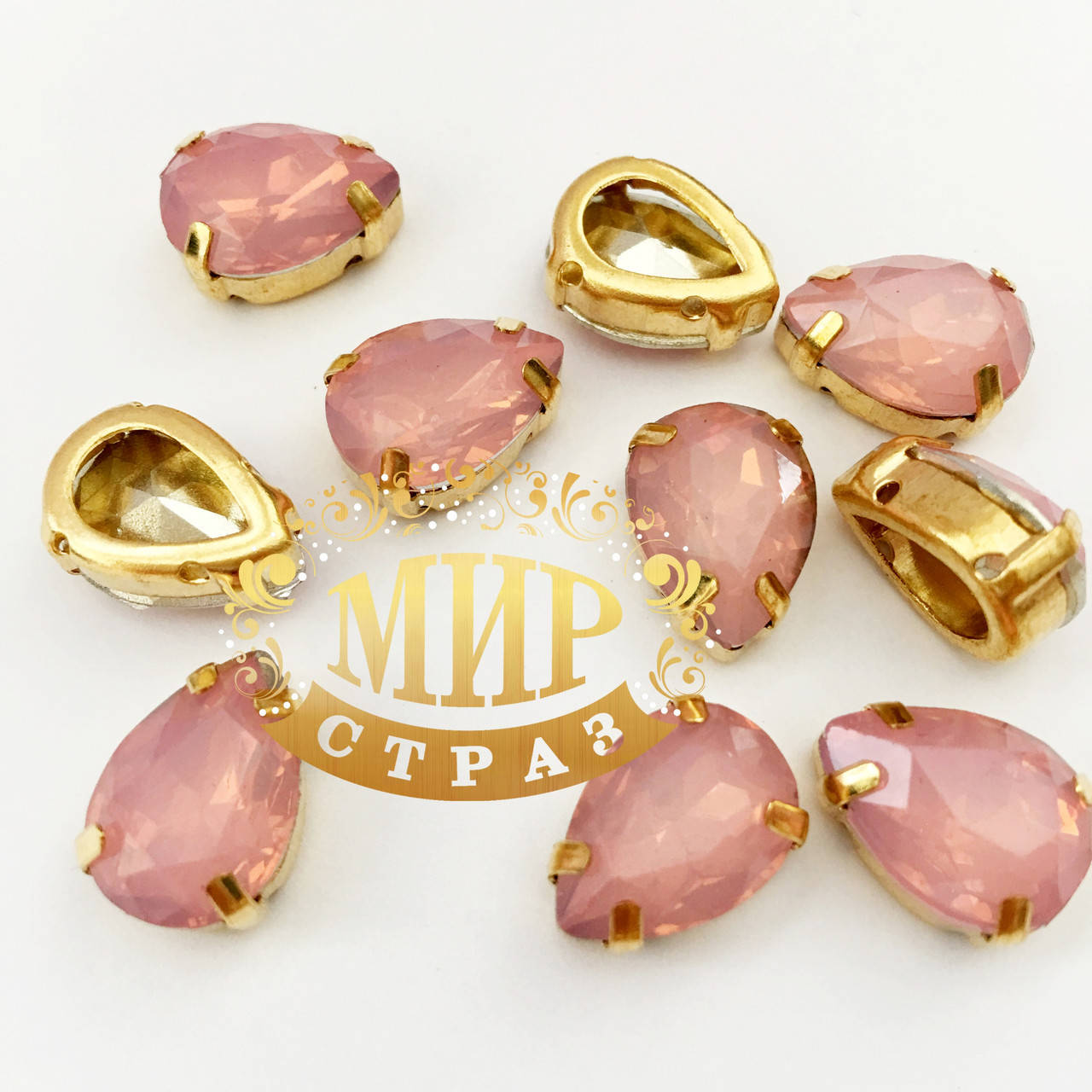 

Опаловые капли 7x10, в улучшенных золотых цапах, Цвет Pink Opal