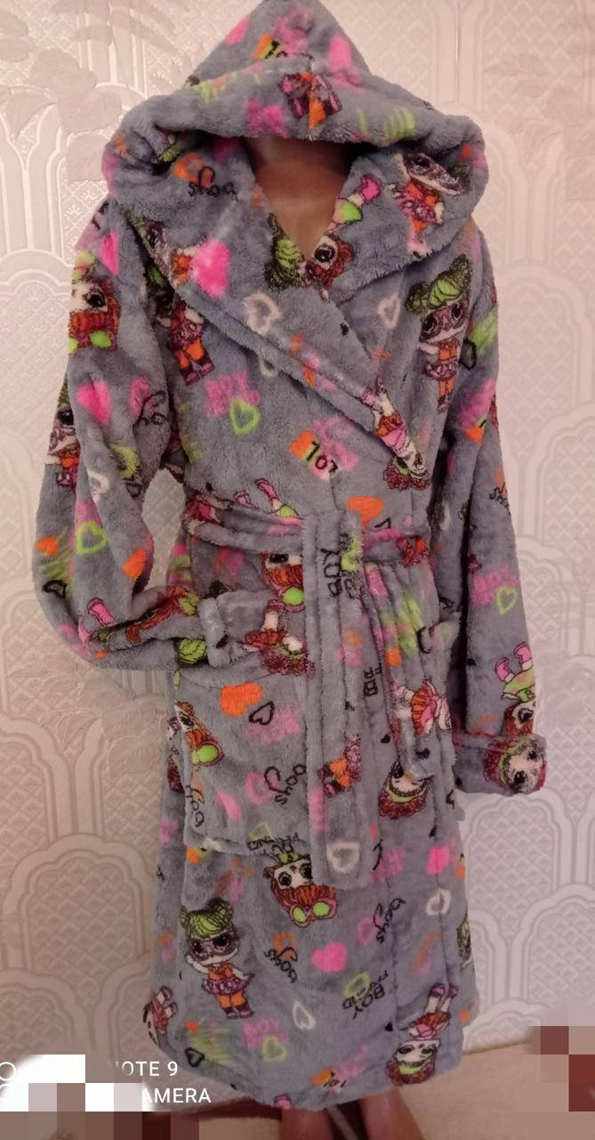 

Теплый детский махровый халат для девочек, рисунок LOL , р-р 4,6,8 лет, серый 8-10