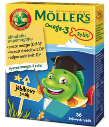 

Mollers Omega-3 Fish Рыбий Жир Для Детей с Витамином Д3, 36 Жевательных Рыбок с Яблочным Вкусом