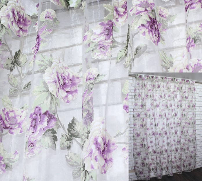 

Тюль органза з квітковим принтом. Колір білий з фіолетовим та зеленим, Белый