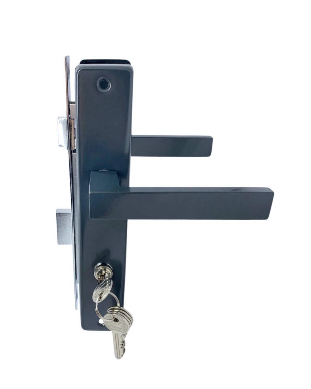 

Врезной замок на калитку, ворота или металопластиковые двери с ручками темно-серый 85/30 мм